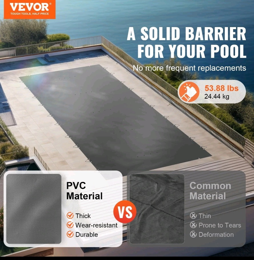 VEVOR 12x25ft Inground Pool Safety Cover - Premium Dark Grey Mesh PVC
