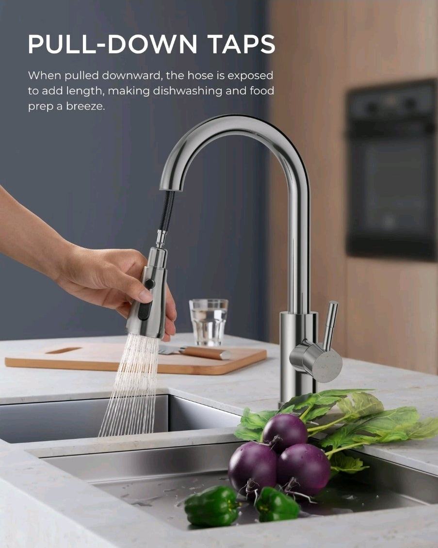 FORIOUS Kitchen Mixer Tap with Pull-Out Sprayer - Swivel Single Lever Faucet